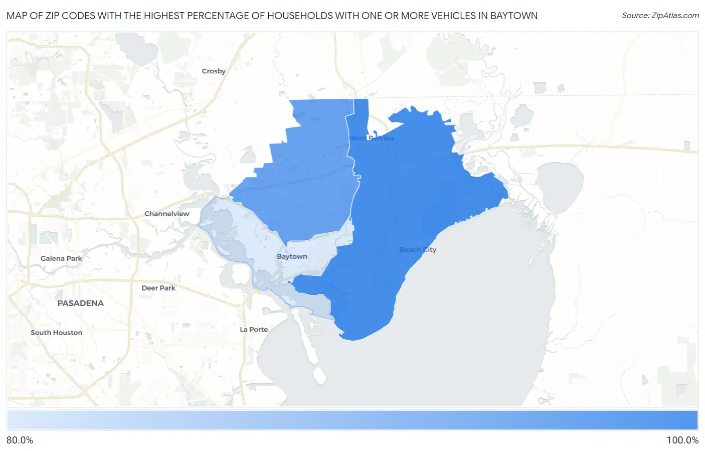 Zip Codes with the Highest Percentage of Households With One or more Vehicles in Baytown Map