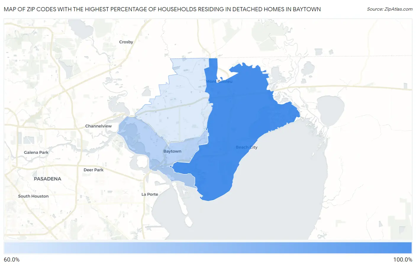 Zip Codes with the Highest Percentage of Households Residing in Detached Homes in Baytown Map