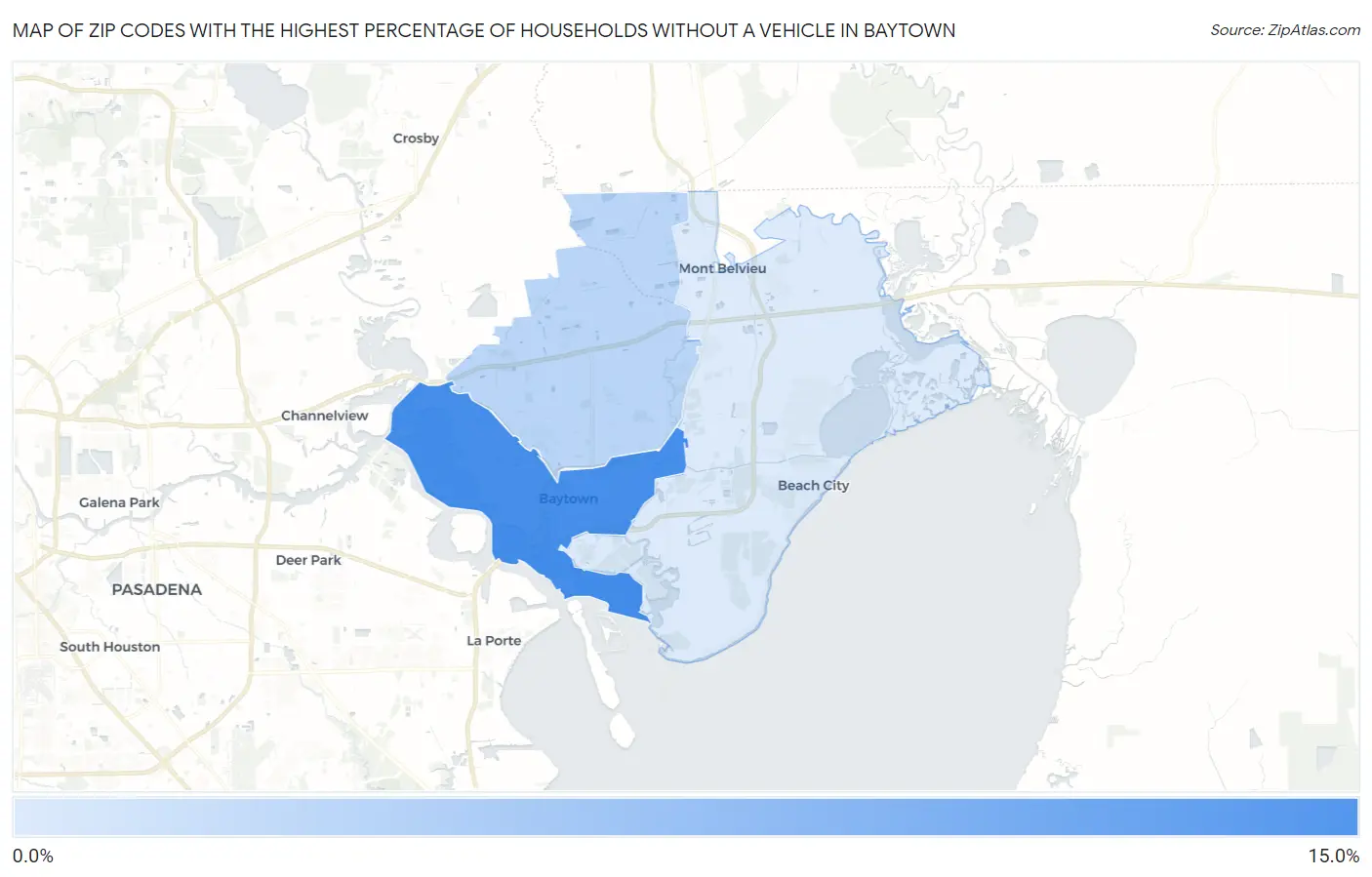 Zip Codes with the Highest Percentage of Households Without a Vehicle in Baytown Map