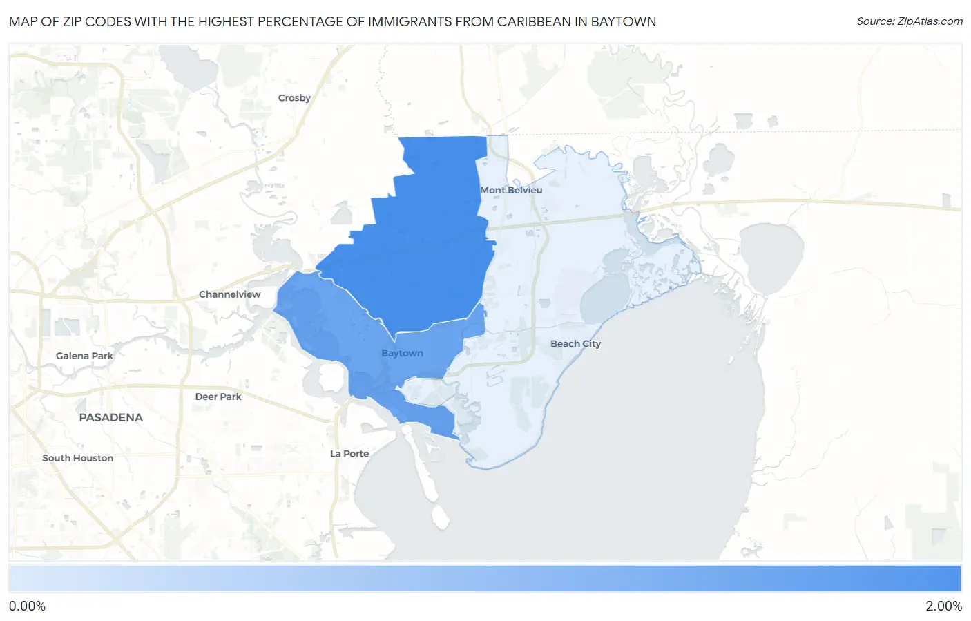Zip Codes with the Highest Percentage of Immigrants from Caribbean in Baytown Map