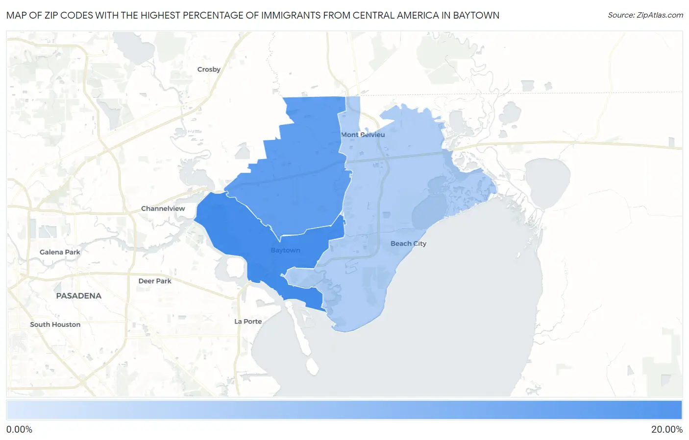 Zip Codes with the Highest Percentage of Immigrants from Central America in Baytown Map