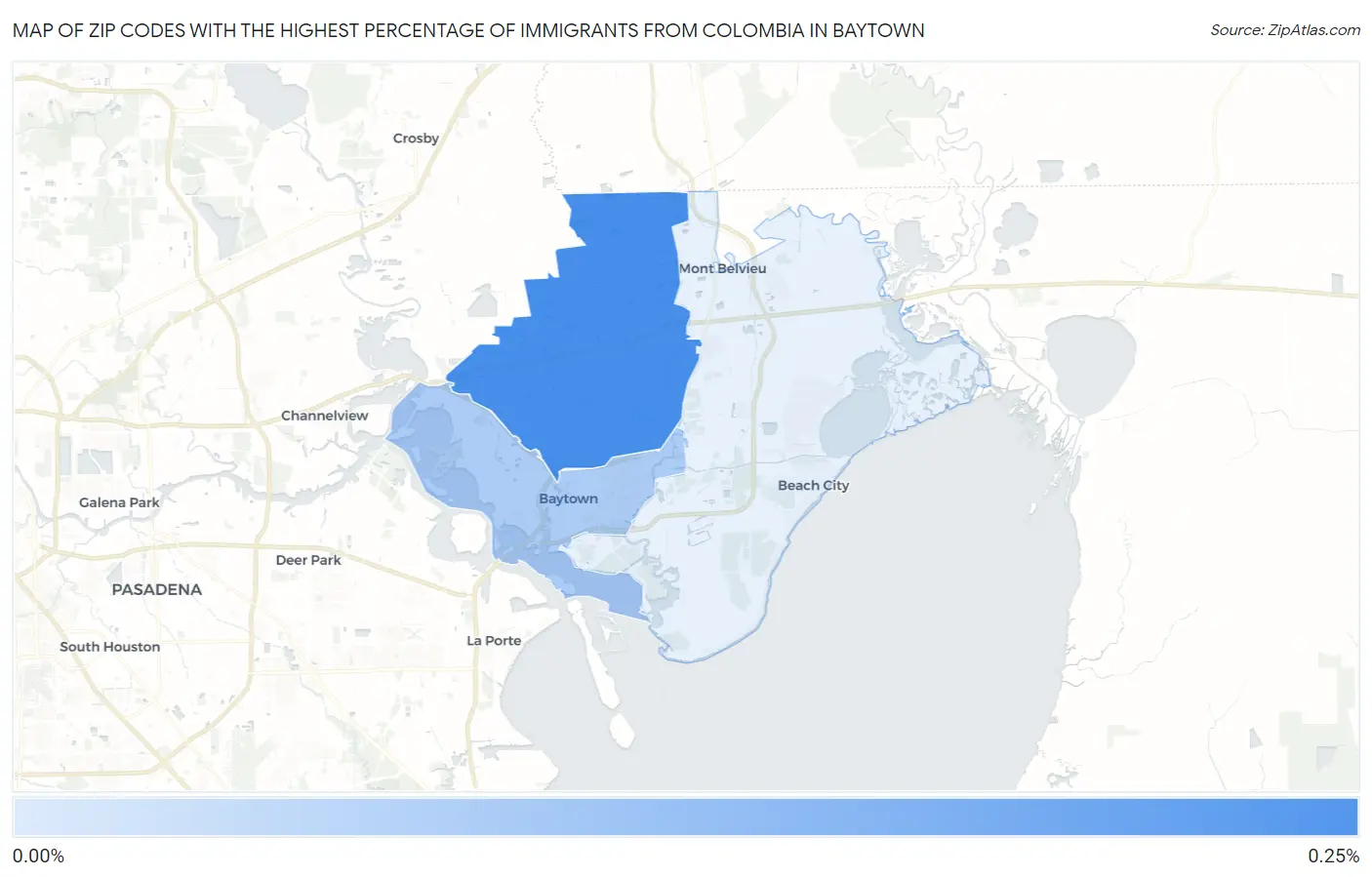 Zip Codes with the Highest Percentage of Immigrants from Colombia in Baytown Map