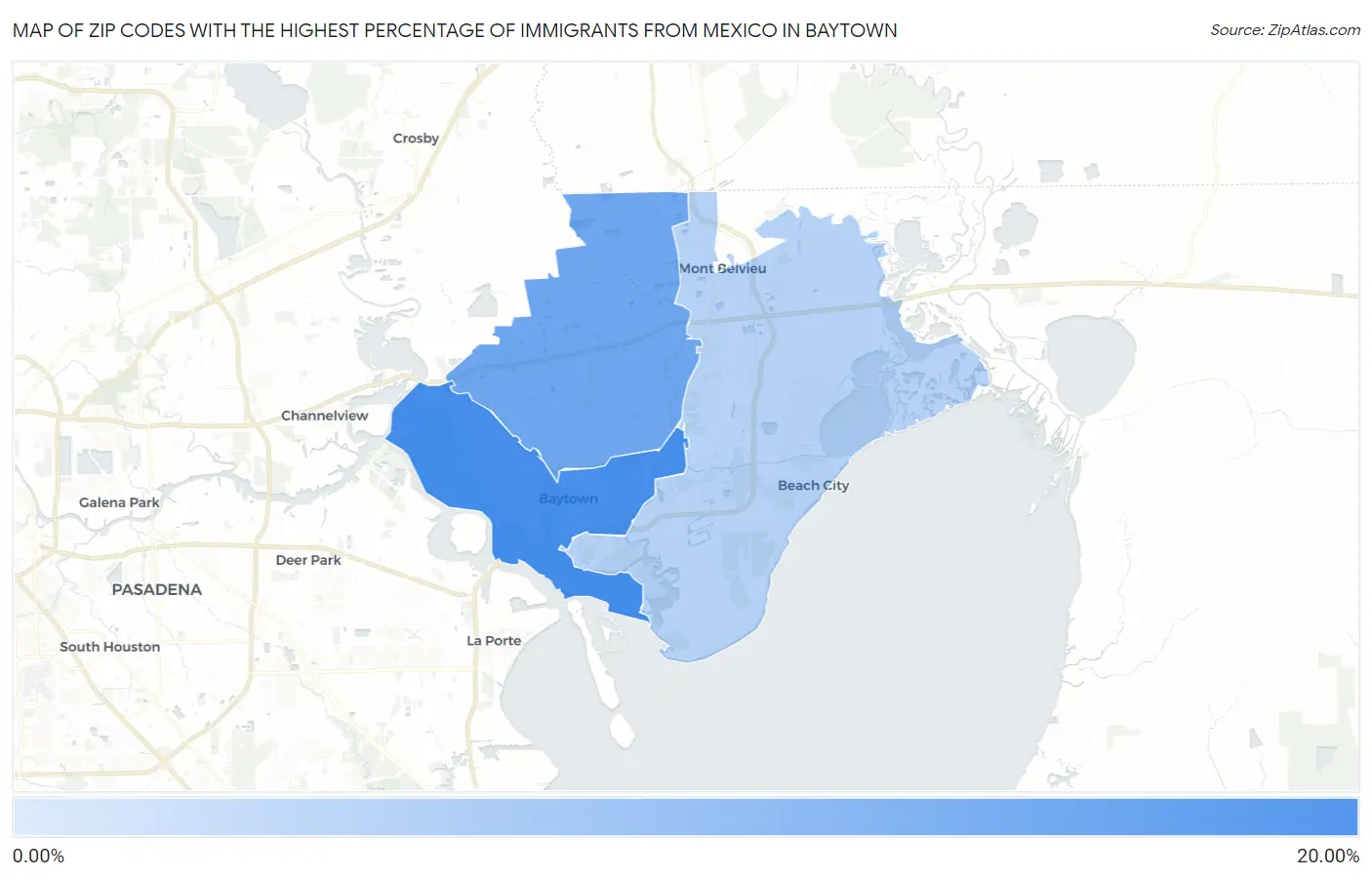 Zip Codes with the Highest Percentage of Immigrants from Mexico in Baytown Map