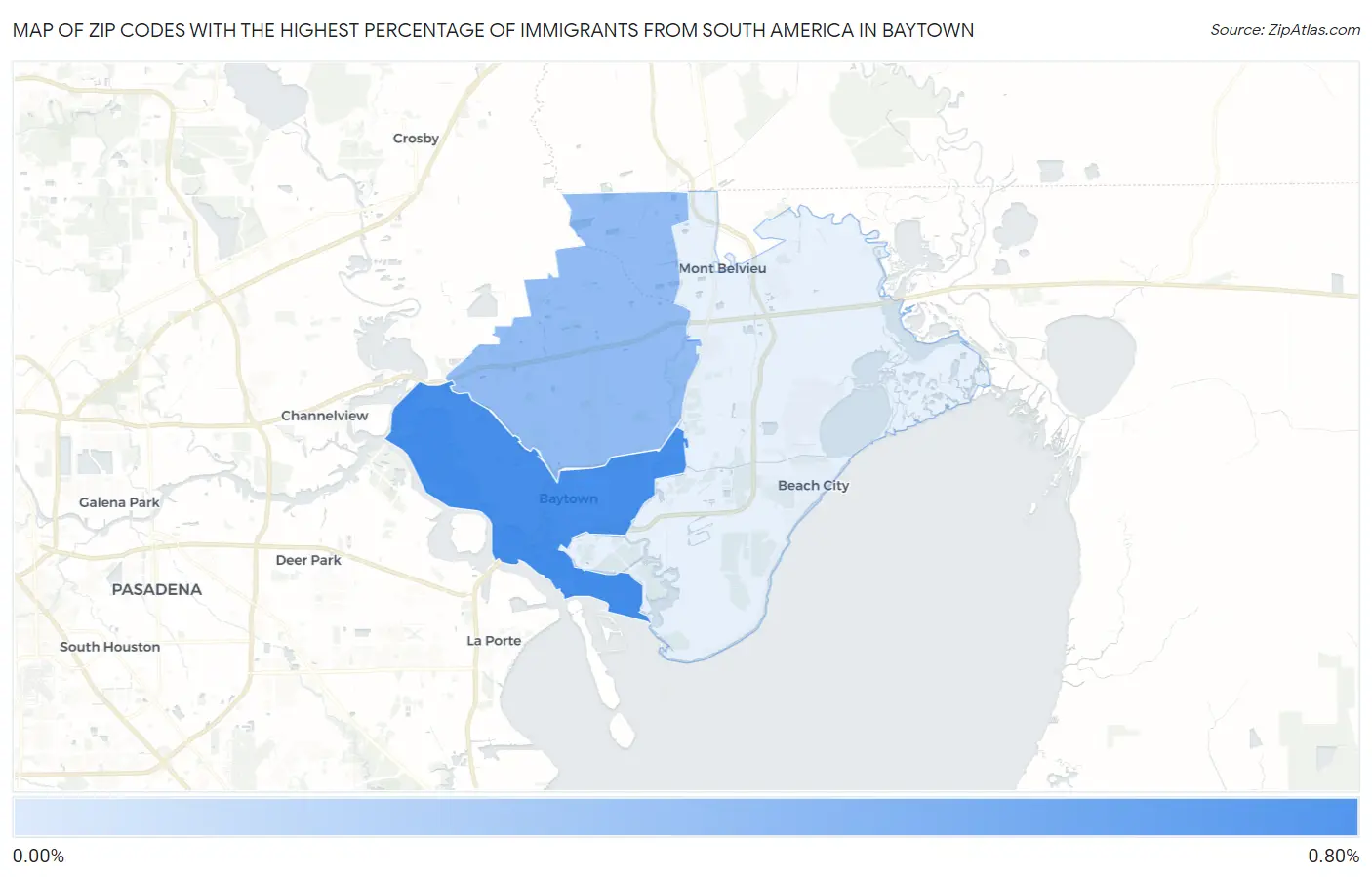 Zip Codes with the Highest Percentage of Immigrants from South America in Baytown Map