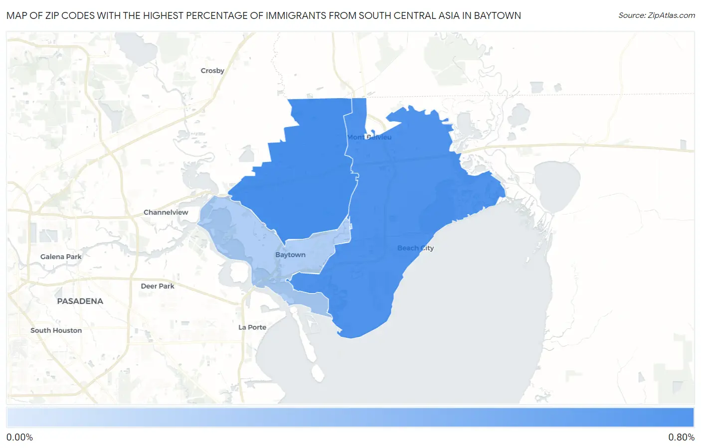 Zip Codes with the Highest Percentage of Immigrants from South Central Asia in Baytown Map