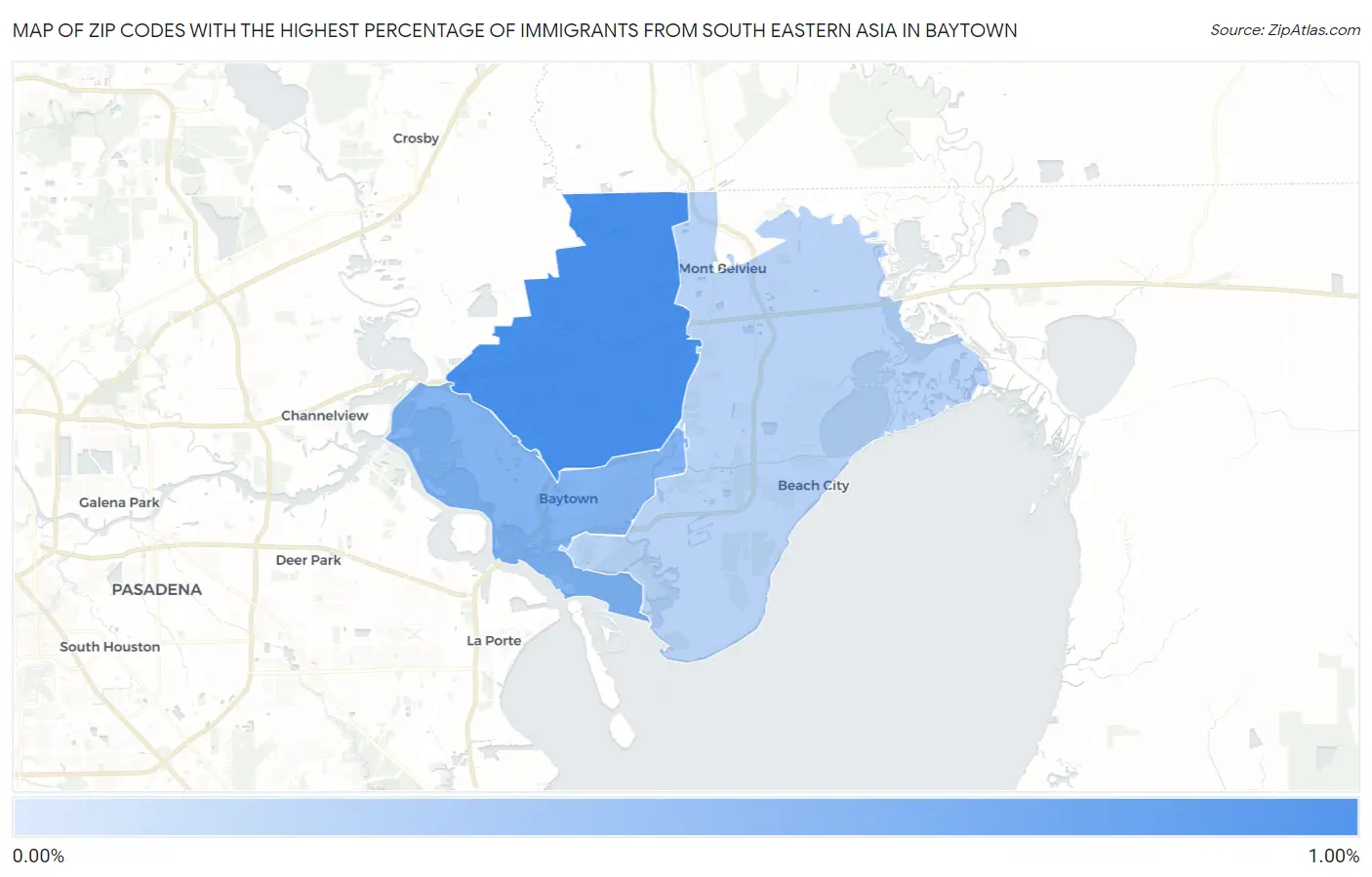 Zip Codes with the Highest Percentage of Immigrants from South Eastern Asia in Baytown Map