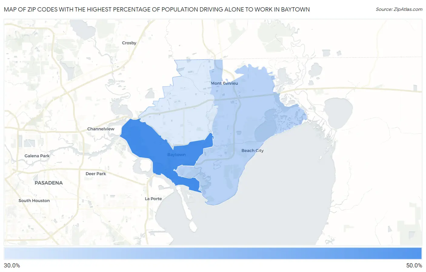 Zip Codes with the Highest Percentage of Population Driving Alone to Work in Baytown Map