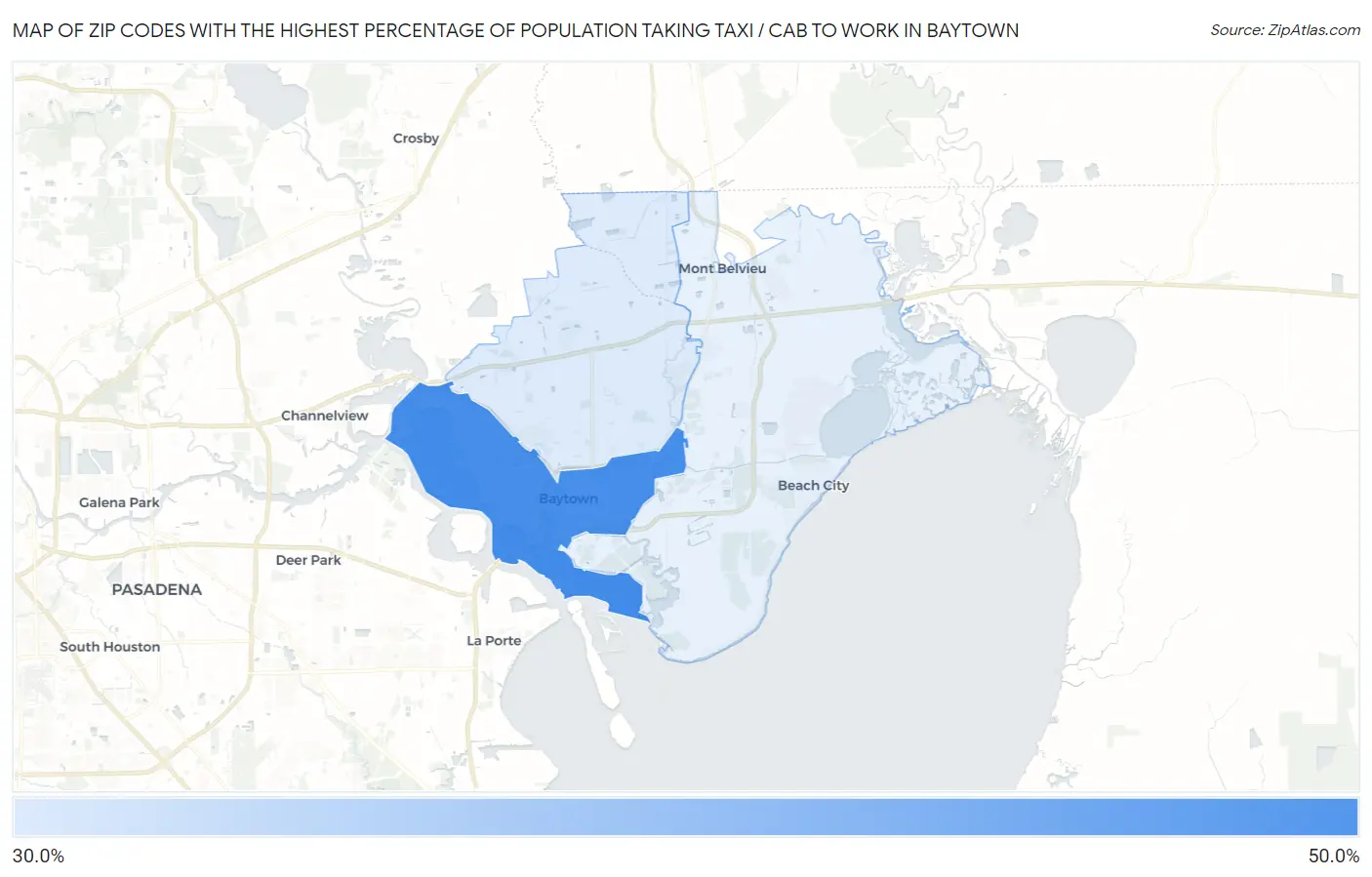 Zip Codes with the Highest Percentage of Population Taking Taxi / Cab to Work in Baytown Map