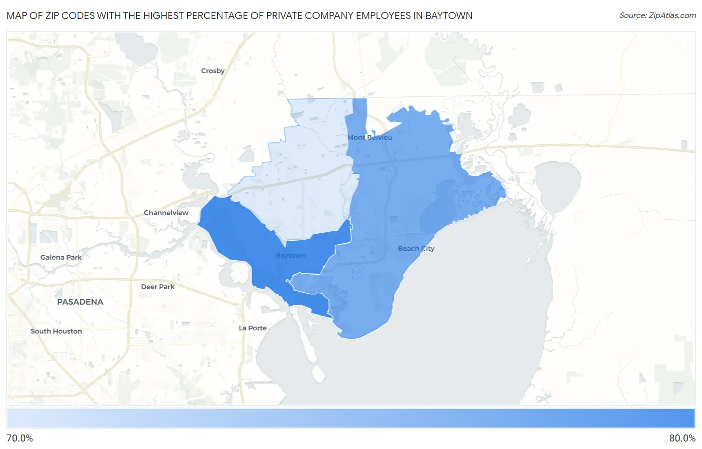 Zip Codes with the Highest Percentage of Private Company Employees in Baytown Map