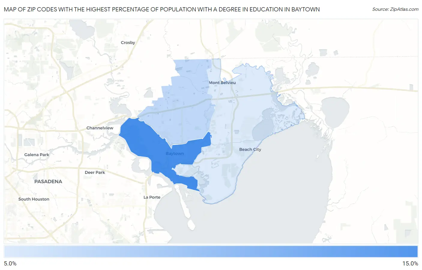 Zip Codes with the Highest Percentage of Population with a Degree in Education in Baytown Map