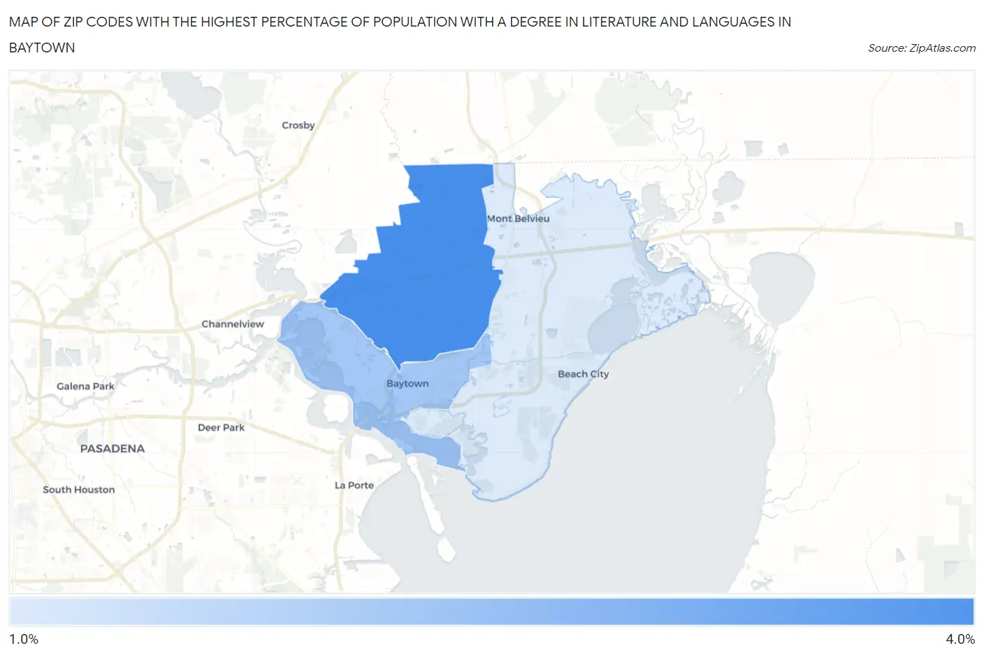 Zip Codes with the Highest Percentage of Population with a Degree in Literature and Languages in Baytown Map