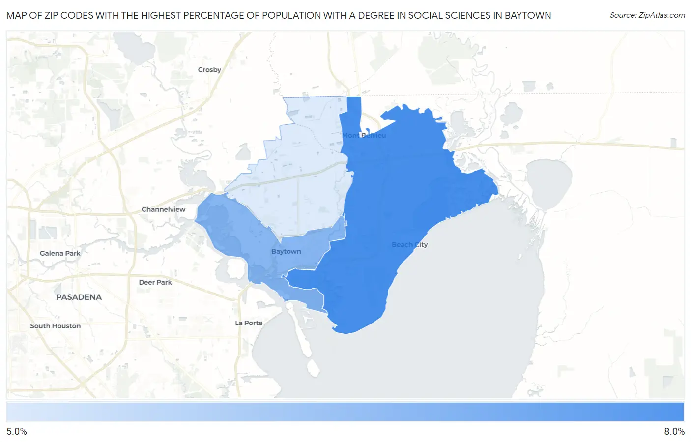 Zip Codes with the Highest Percentage of Population with a Degree in Social Sciences in Baytown Map