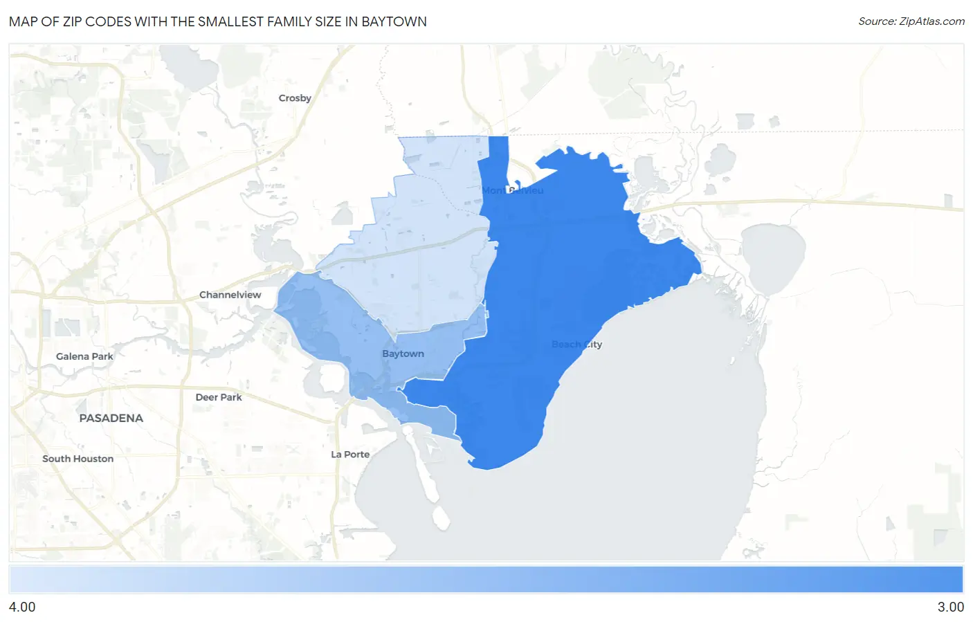 Zip Codes with the Smallest Family Size in Baytown Map