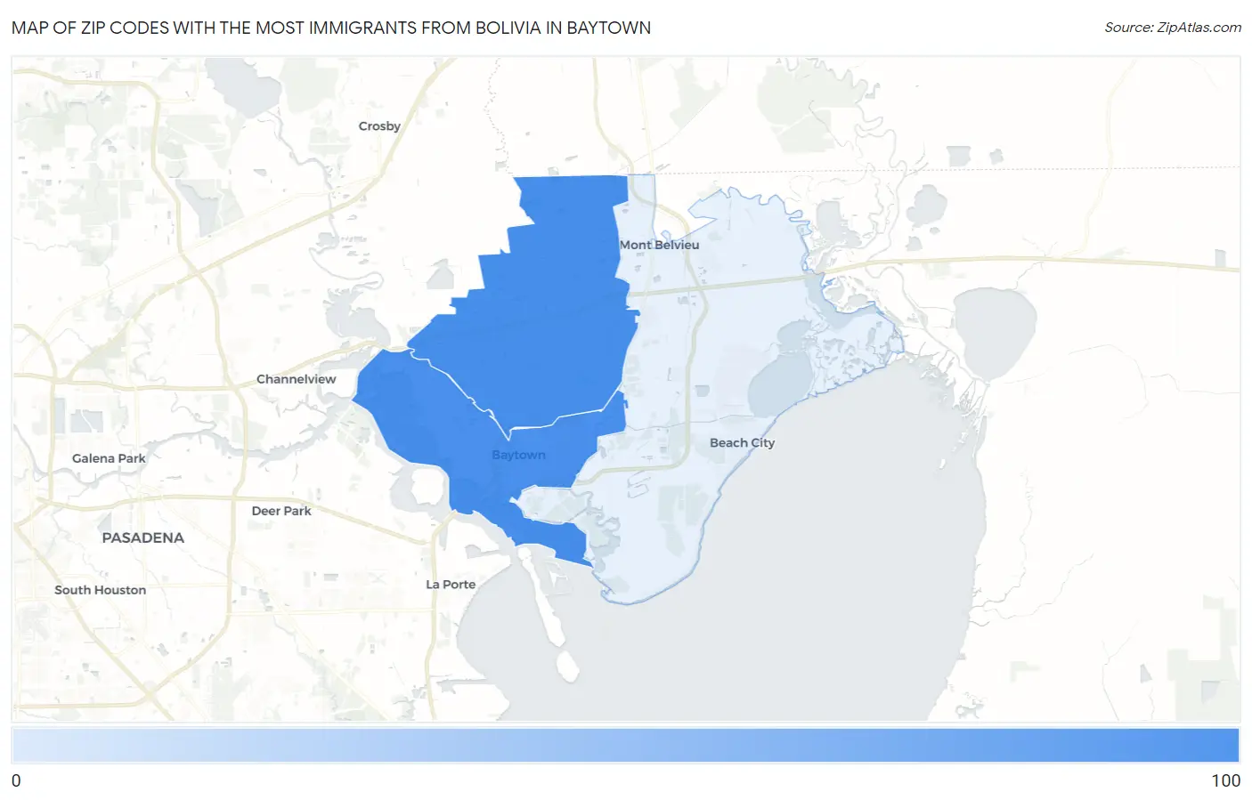Zip Codes with the Most Immigrants from Bolivia in Baytown Map