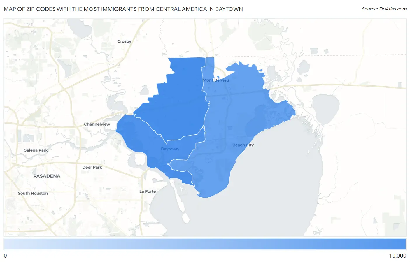 Zip Codes with the Most Immigrants from Central America in Baytown Map
