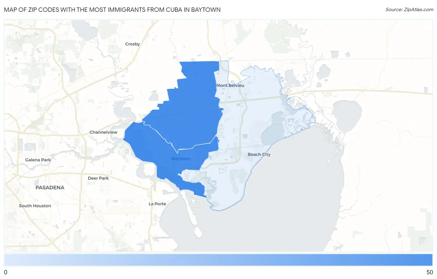 Zip Codes with the Most Immigrants from Cuba in Baytown Map