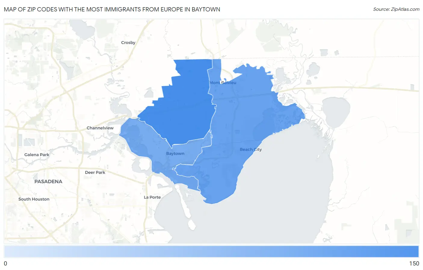 Zip Codes with the Most Immigrants from Europe in Baytown Map
