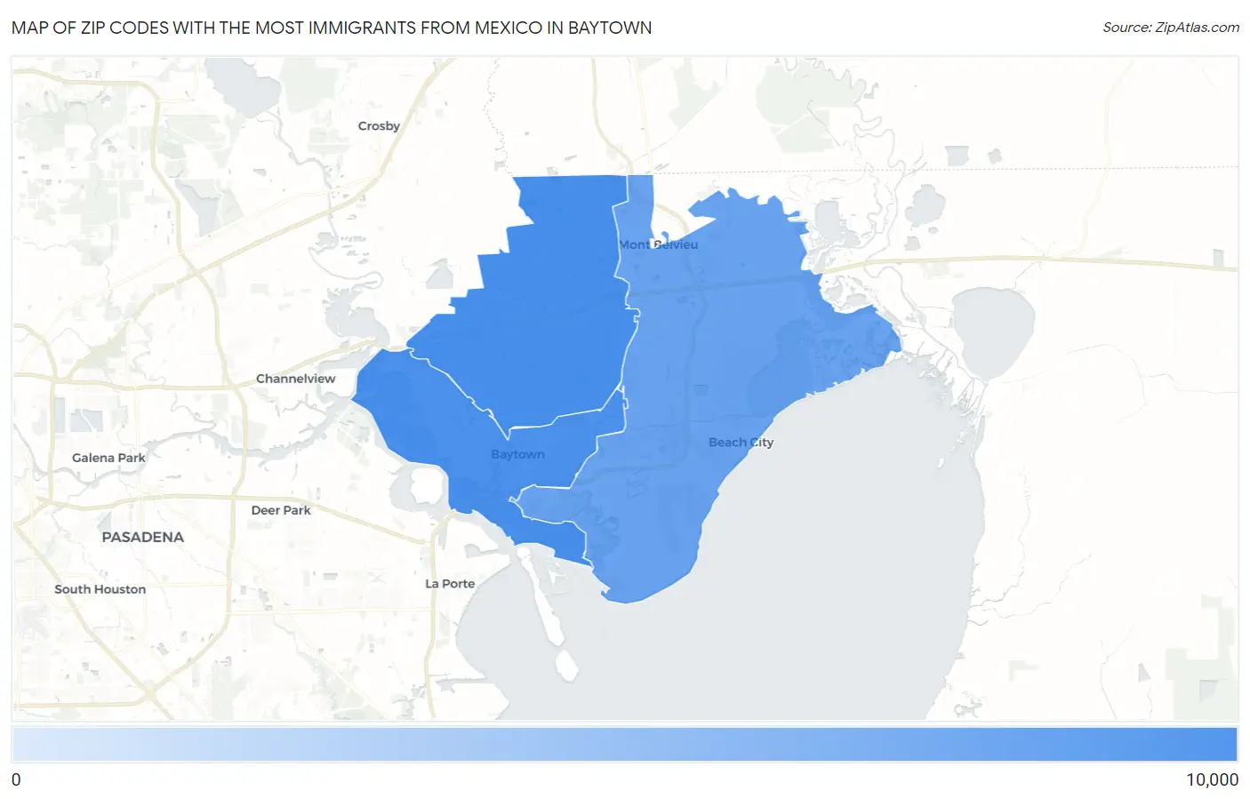 Zip Codes with the Most Immigrants from Mexico in Baytown Map