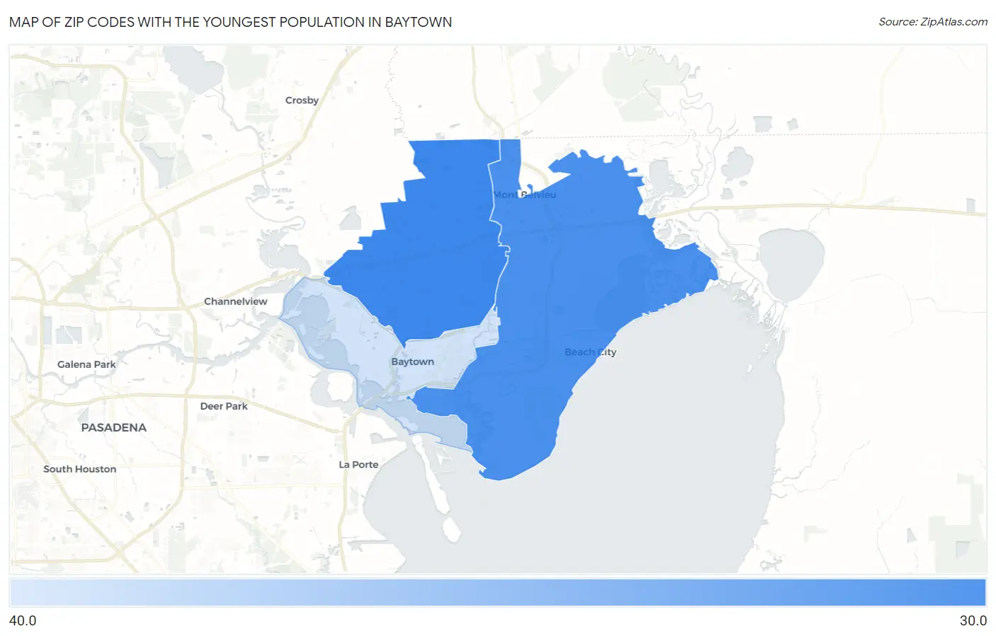 Zip Codes with the Youngest Population in Baytown Map