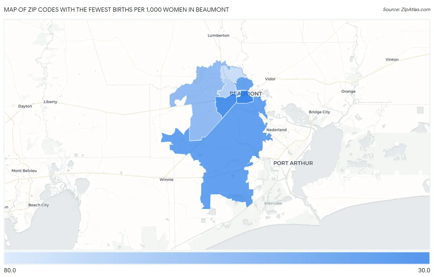 Zip Codes with the Fewest Births per 1,000 Women in Beaumont Map