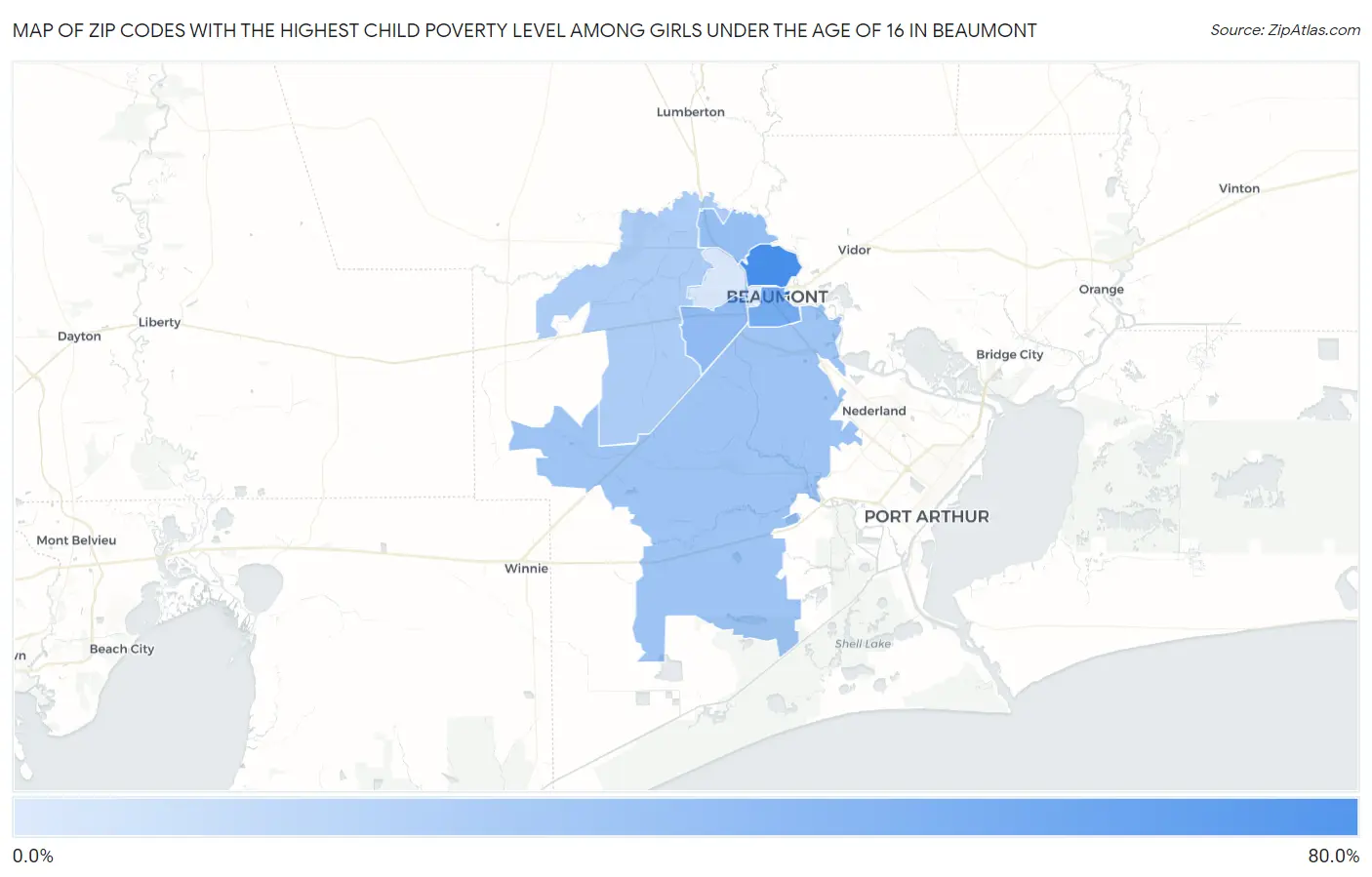 Zip Codes with the Highest Child Poverty Level Among Girls Under the Age of 16 in Beaumont Map