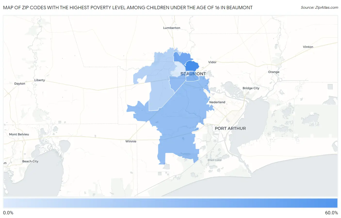 Zip Codes with the Highest Poverty Level Among Children Under the Age of 16 in Beaumont Map