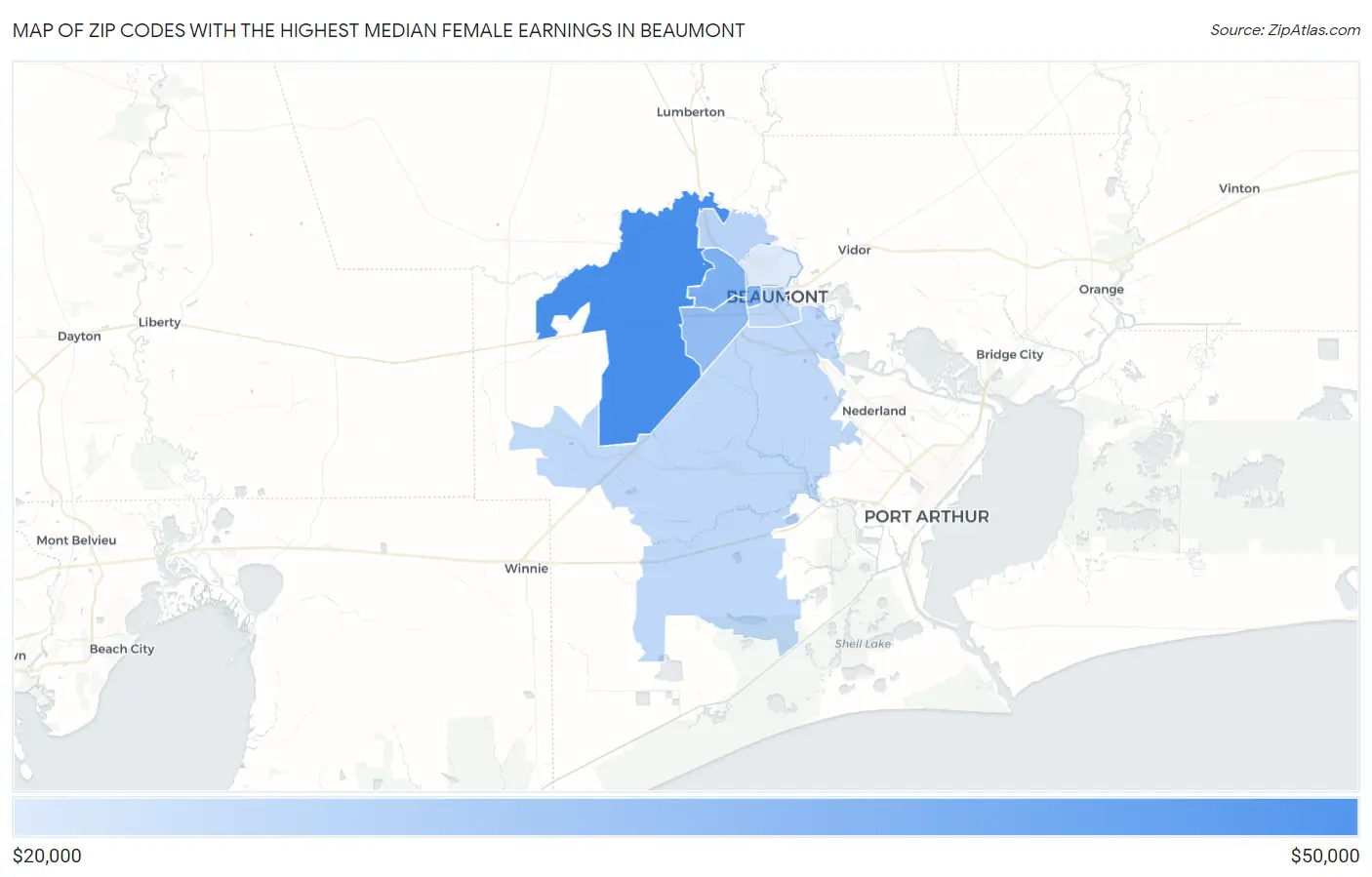 Zip Codes with the Highest Median Female Earnings in Beaumont Map