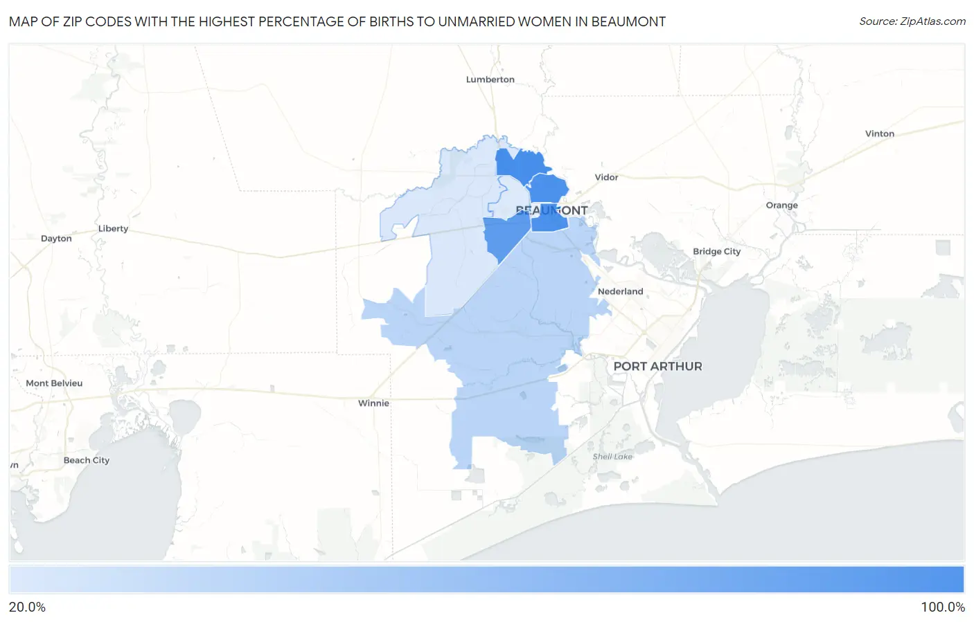 Zip Codes with the Highest Percentage of Births to Unmarried Women in Beaumont Map