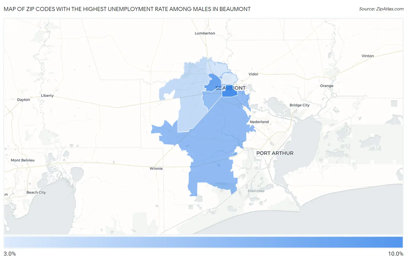 Zip Codes with the Highest Unemployment Rate Among Males in Beaumont Map