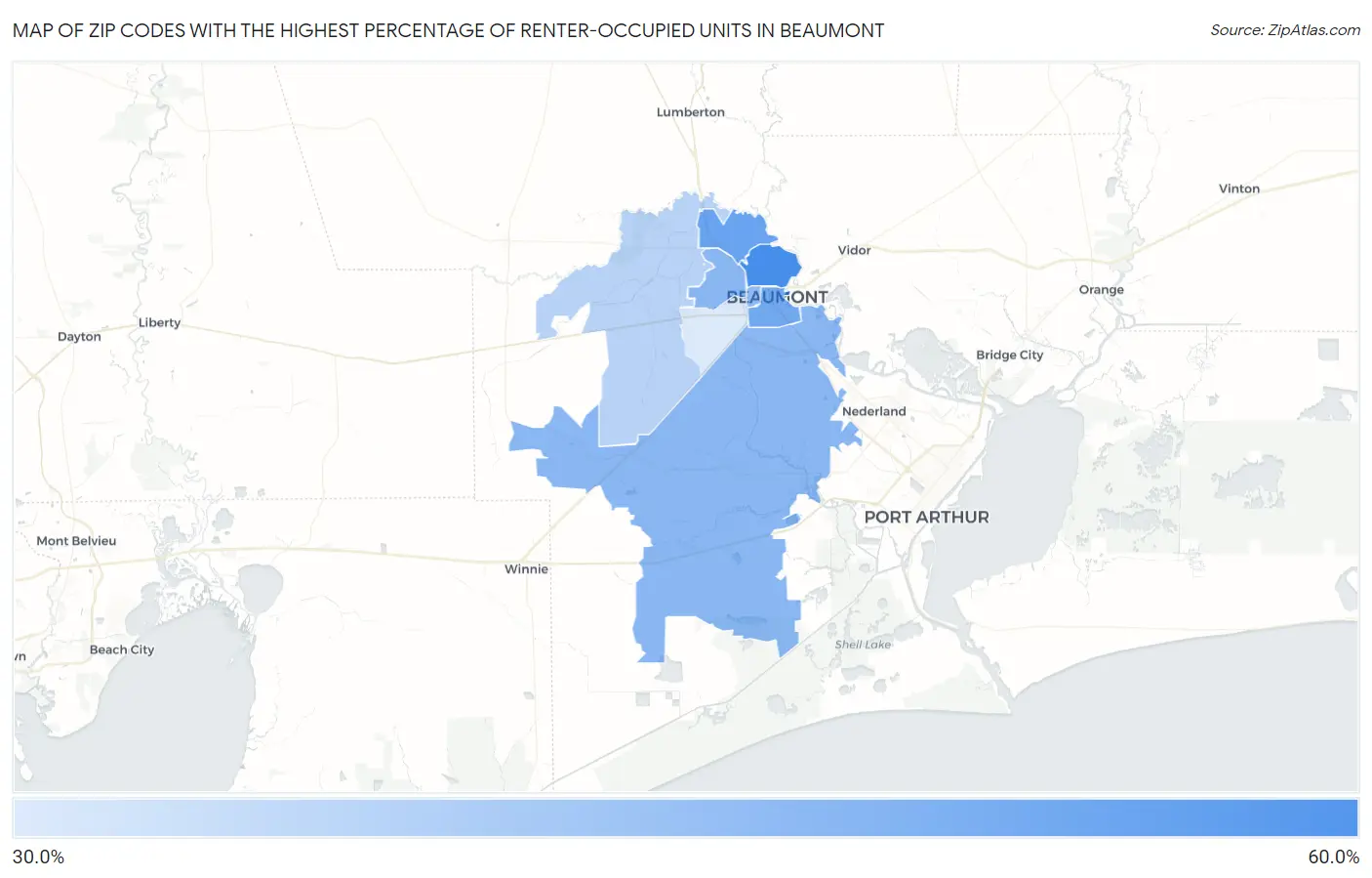 Zip Codes with the Highest Percentage of Renter-Occupied Units in Beaumont Map