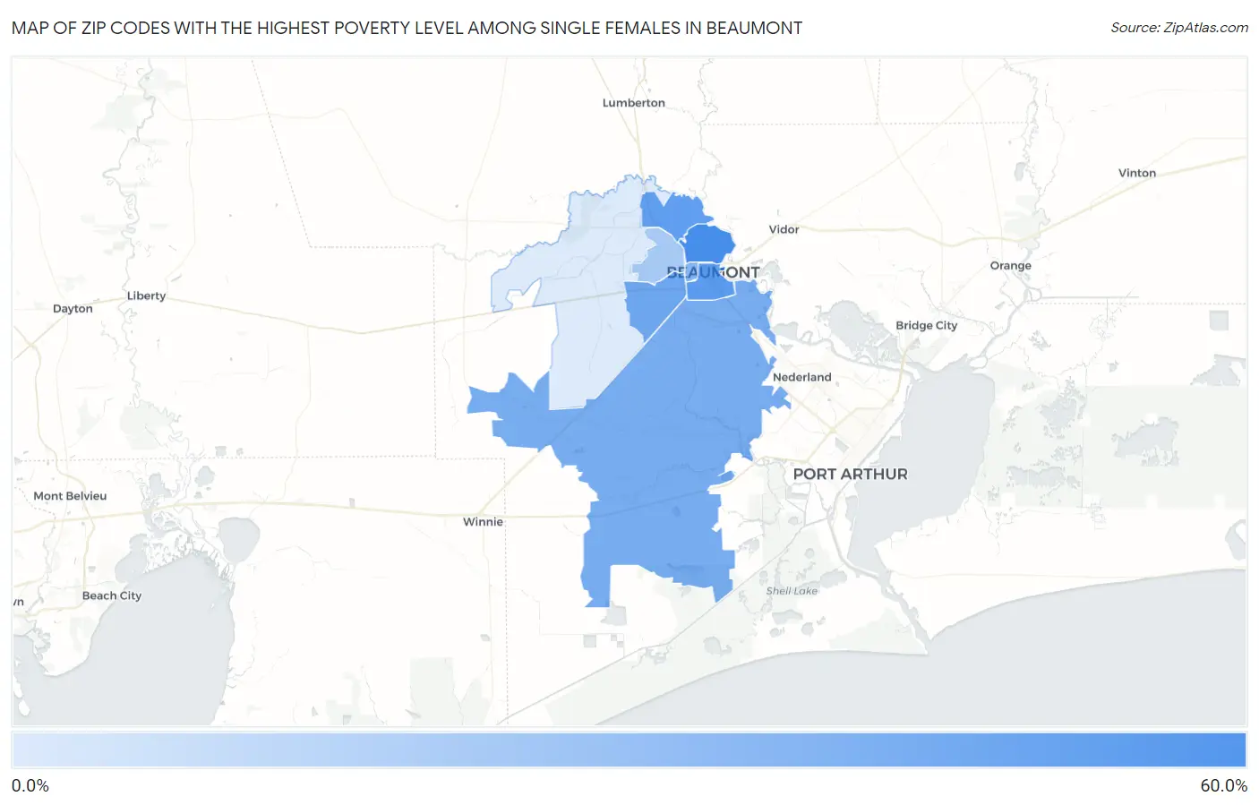Zip Codes with the Highest Poverty Level Among Single Females in Beaumont Map