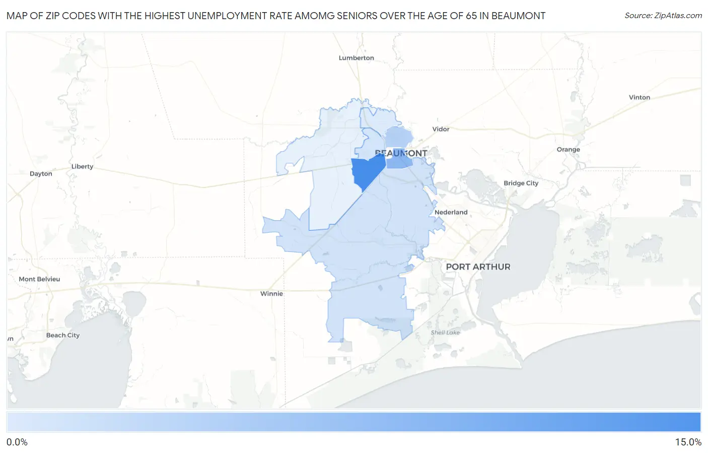 Zip Codes with the Highest Unemployment Rate Amomg Seniors Over the Age of 65 in Beaumont Map