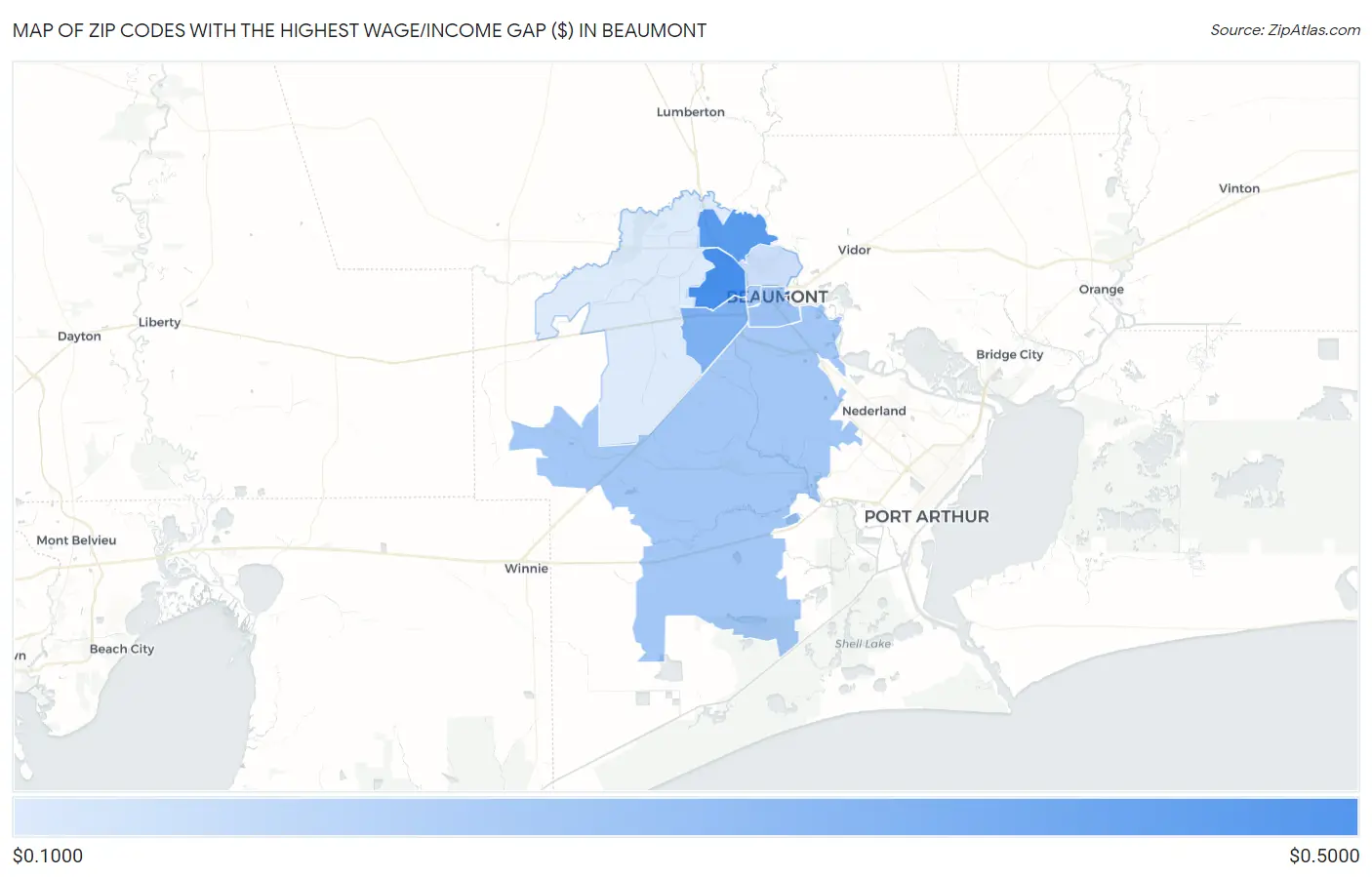 Zip Codes with the Highest Wage/Income Gap ($) in Beaumont Map