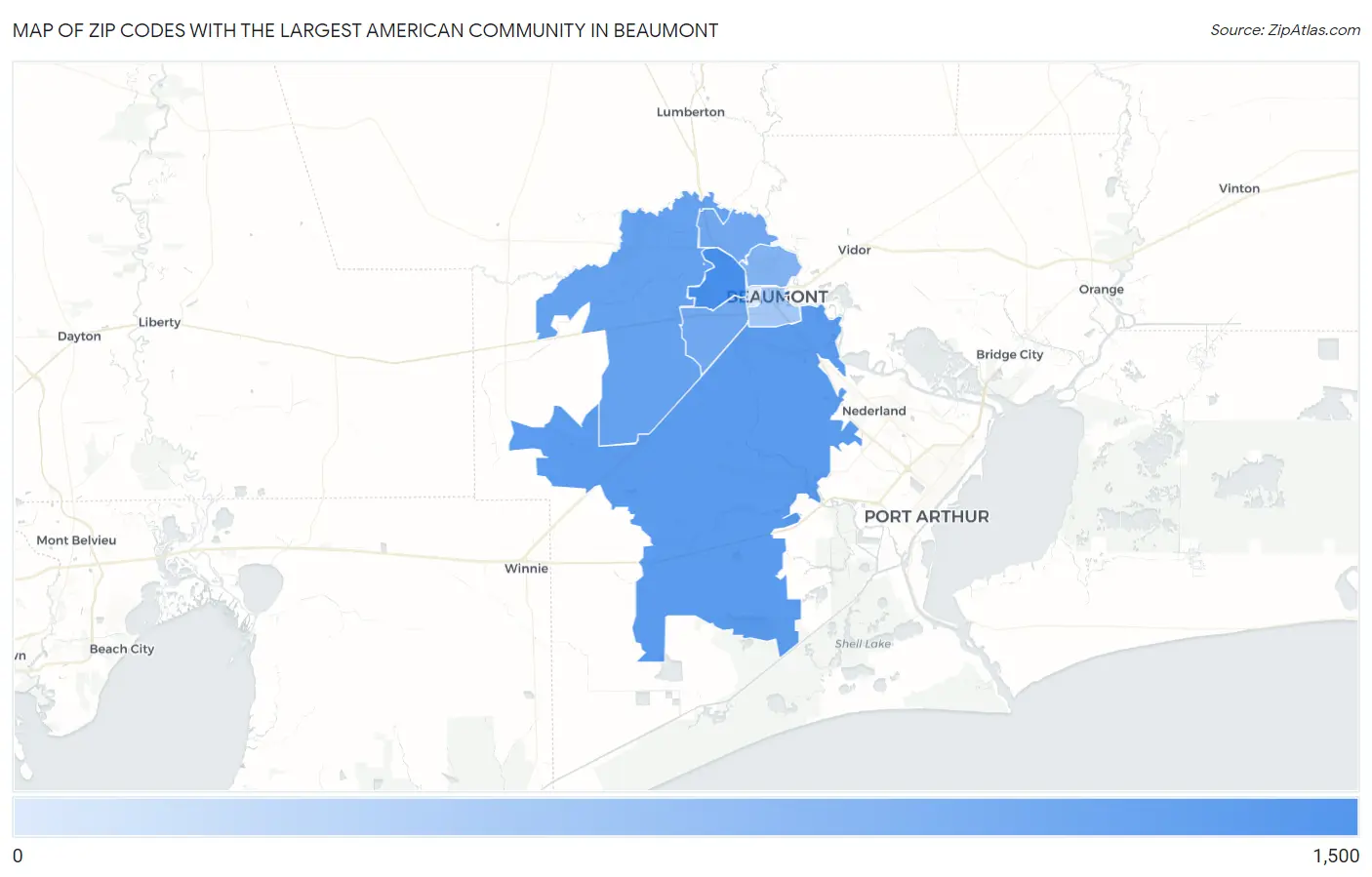 Zip Codes with the Largest American Community in Beaumont Map