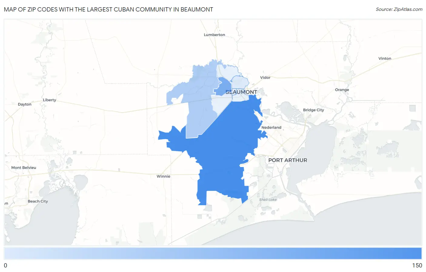 Zip Codes with the Largest Cuban Community in Beaumont Map