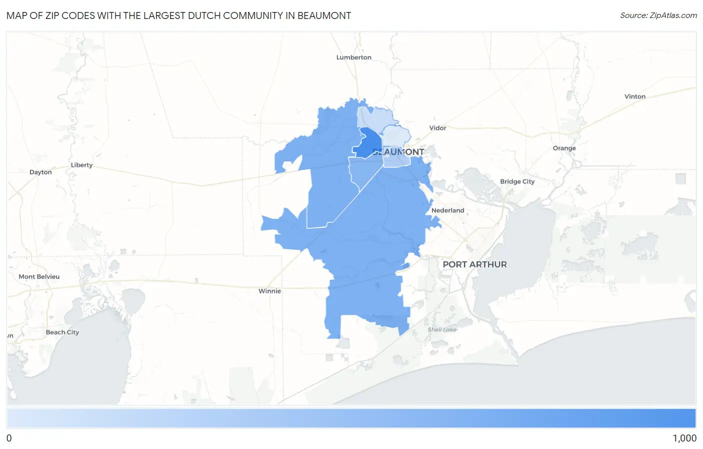 Zip Codes with the Largest Dutch Community in Beaumont Map