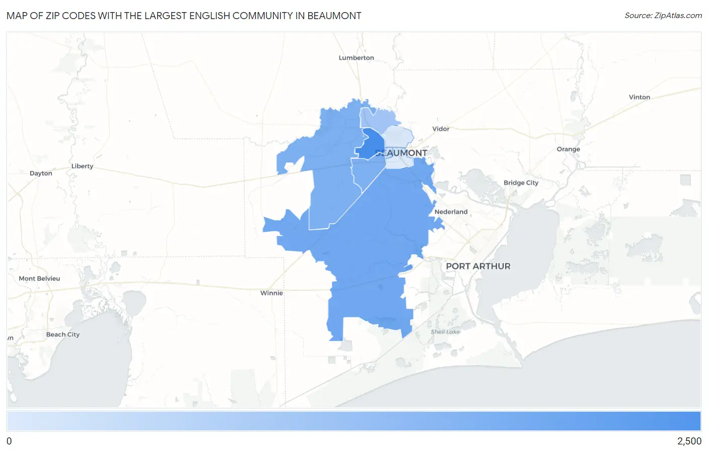 Zip Codes with the Largest English Community in Beaumont Map