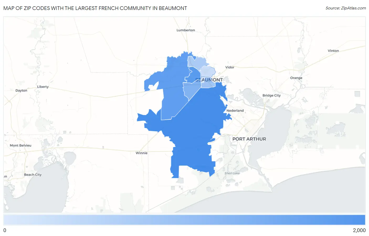Zip Codes with the Largest French Community in Beaumont Map
