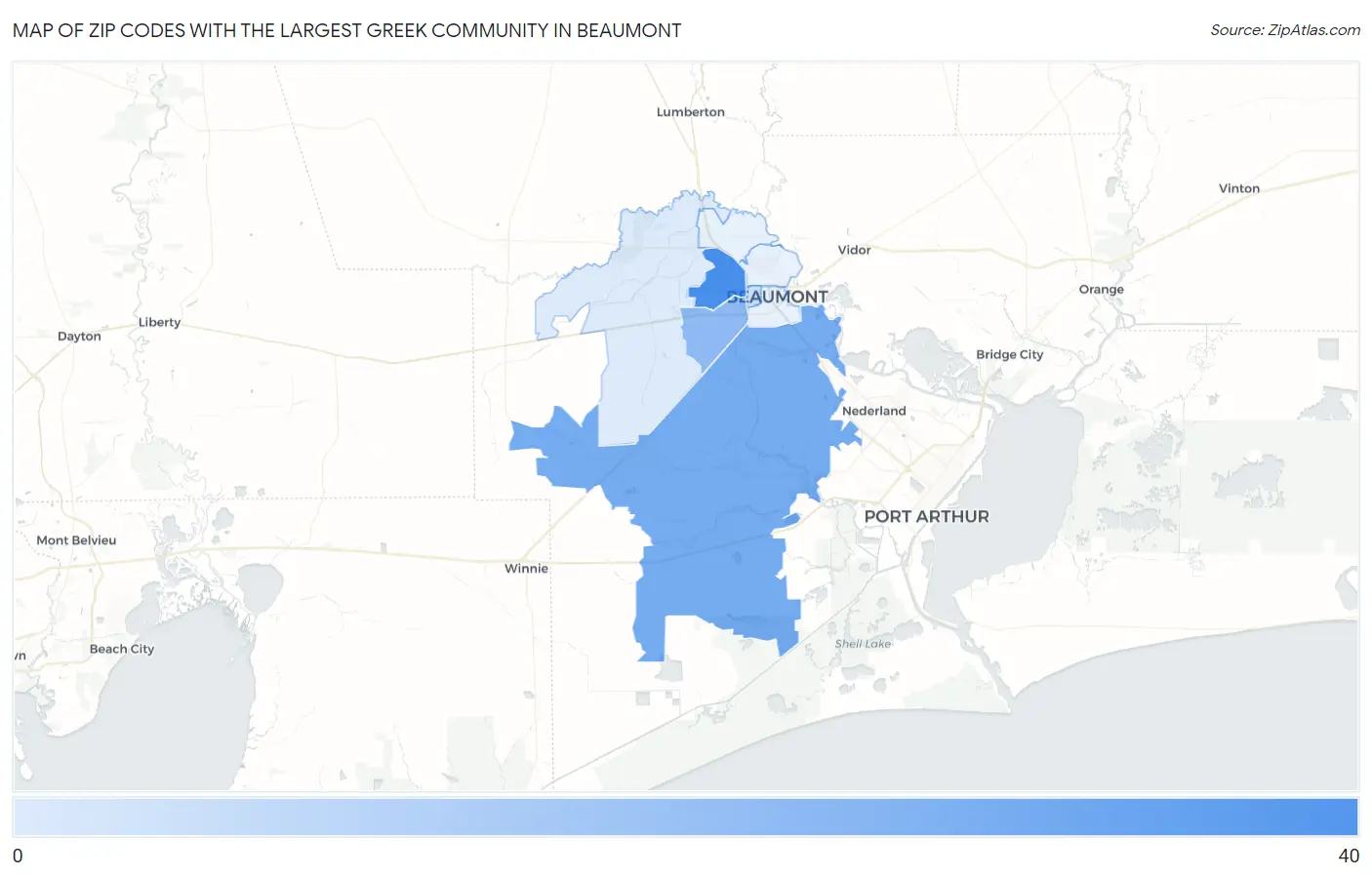 Zip Codes with the Largest Greek Community in Beaumont Map
