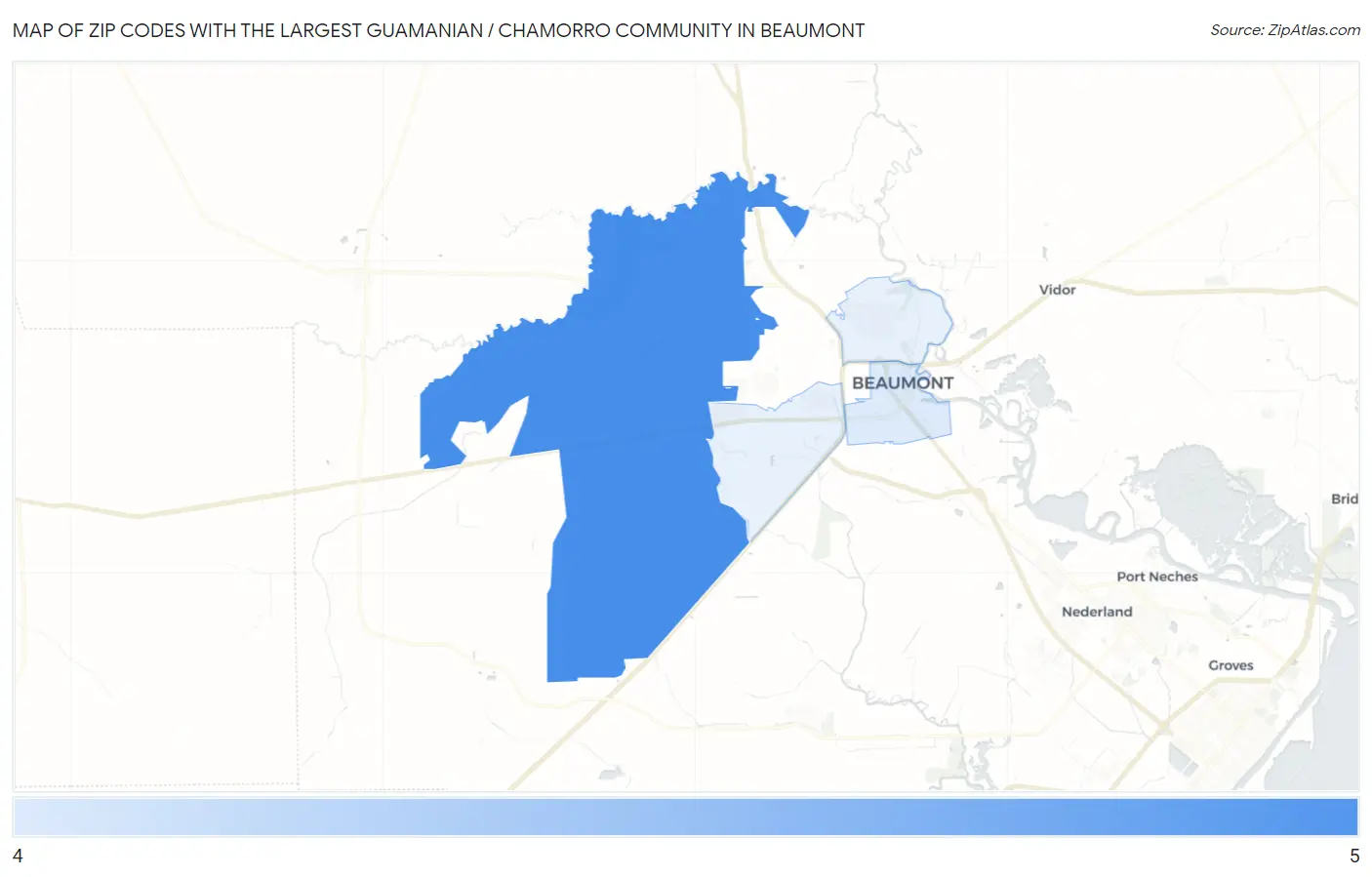 Zip Codes with the Largest Guamanian / Chamorro Community in Beaumont Map