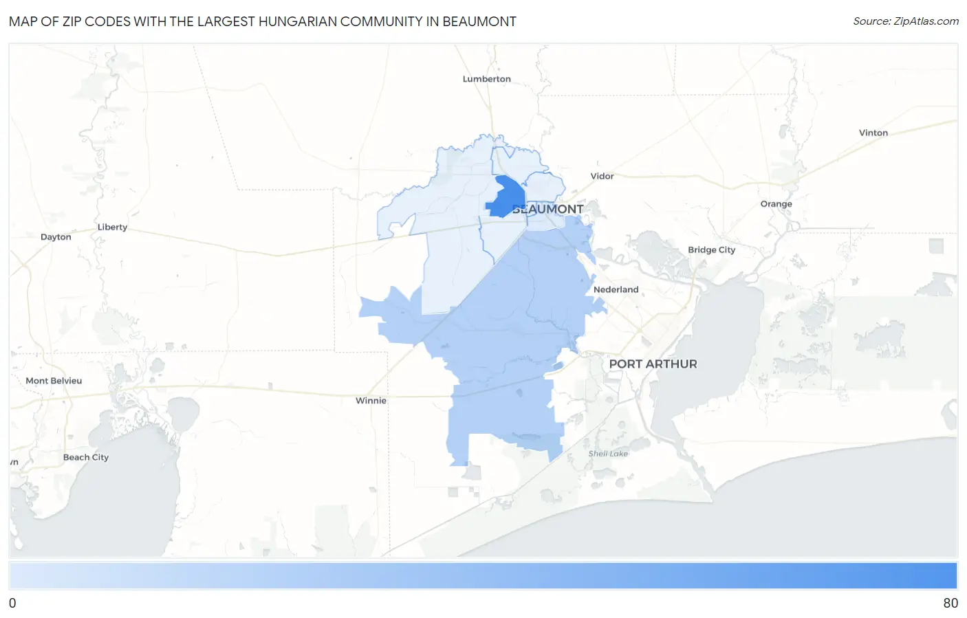 Zip Codes with the Largest Hungarian Community in Beaumont Map