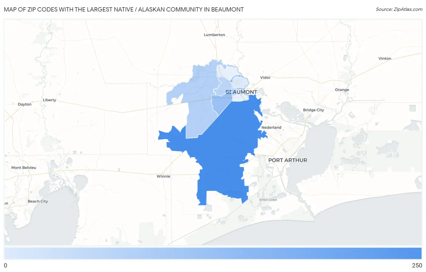 Zip Codes with the Largest Native / Alaskan Community in Beaumont Map