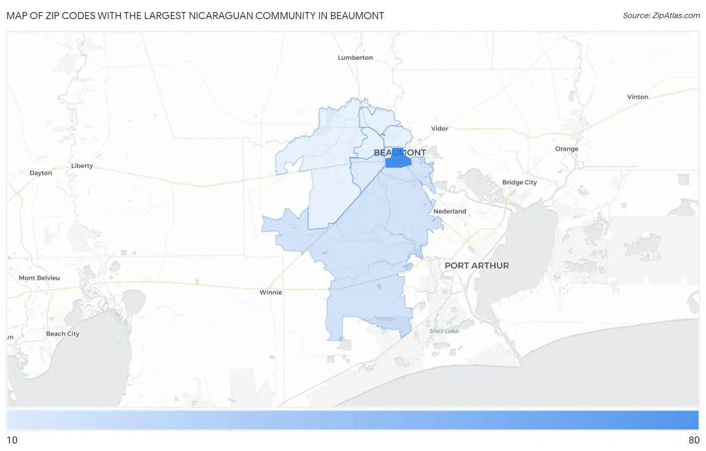 Zip Codes with the Largest Nicaraguan Community in Beaumont Map