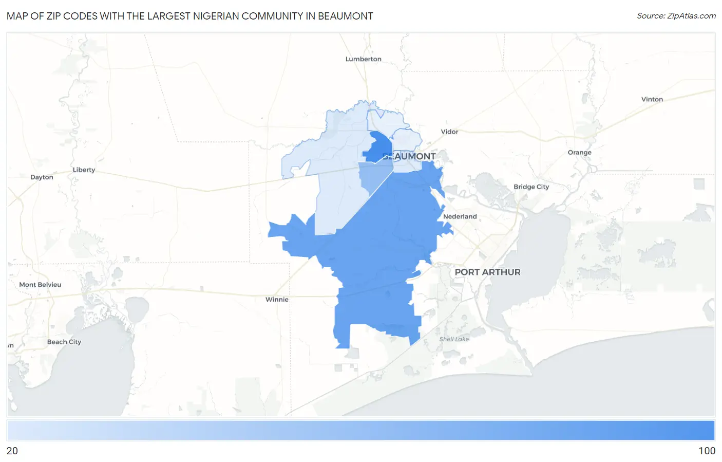 Zip Codes with the Largest Nigerian Community in Beaumont Map