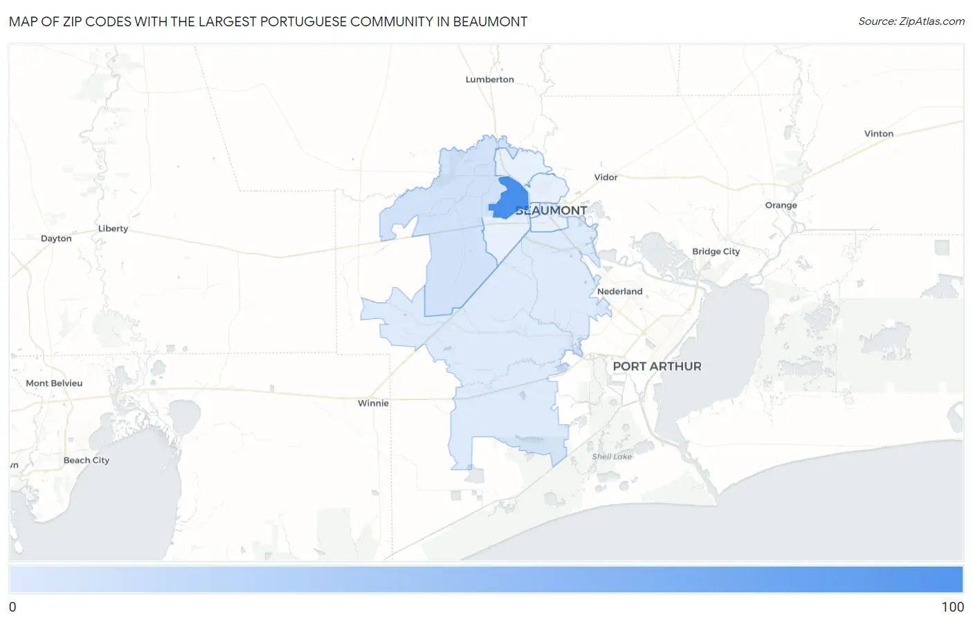 Zip Codes with the Largest Portuguese Community in Beaumont Map
