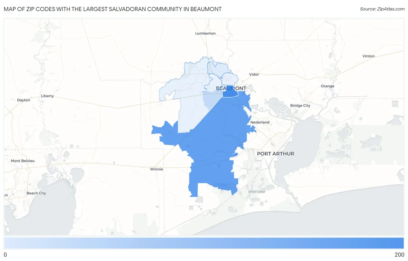 Zip Codes with the Largest Salvadoran Community in Beaumont Map