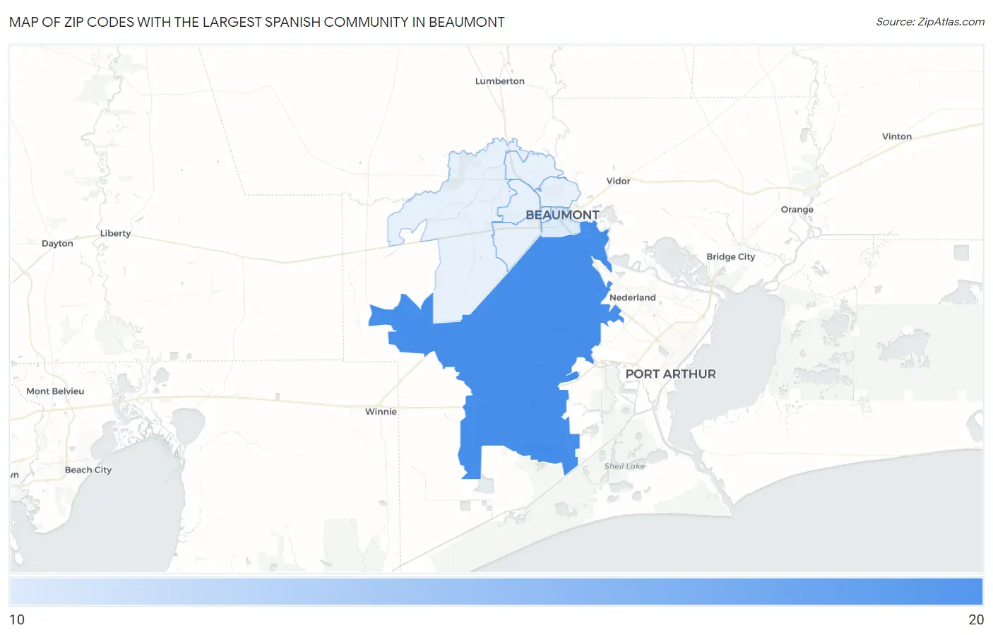 Zip Codes with the Largest Spanish Community in Beaumont Map