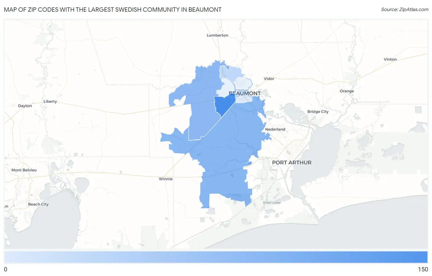 Zip Codes with the Largest Swedish Community in Beaumont Map