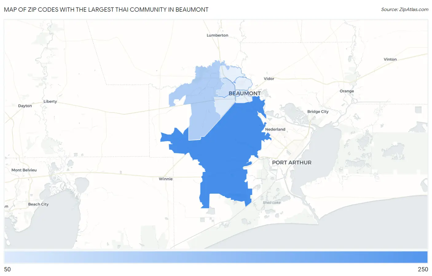 Zip Codes with the Largest Thai Community in Beaumont Map