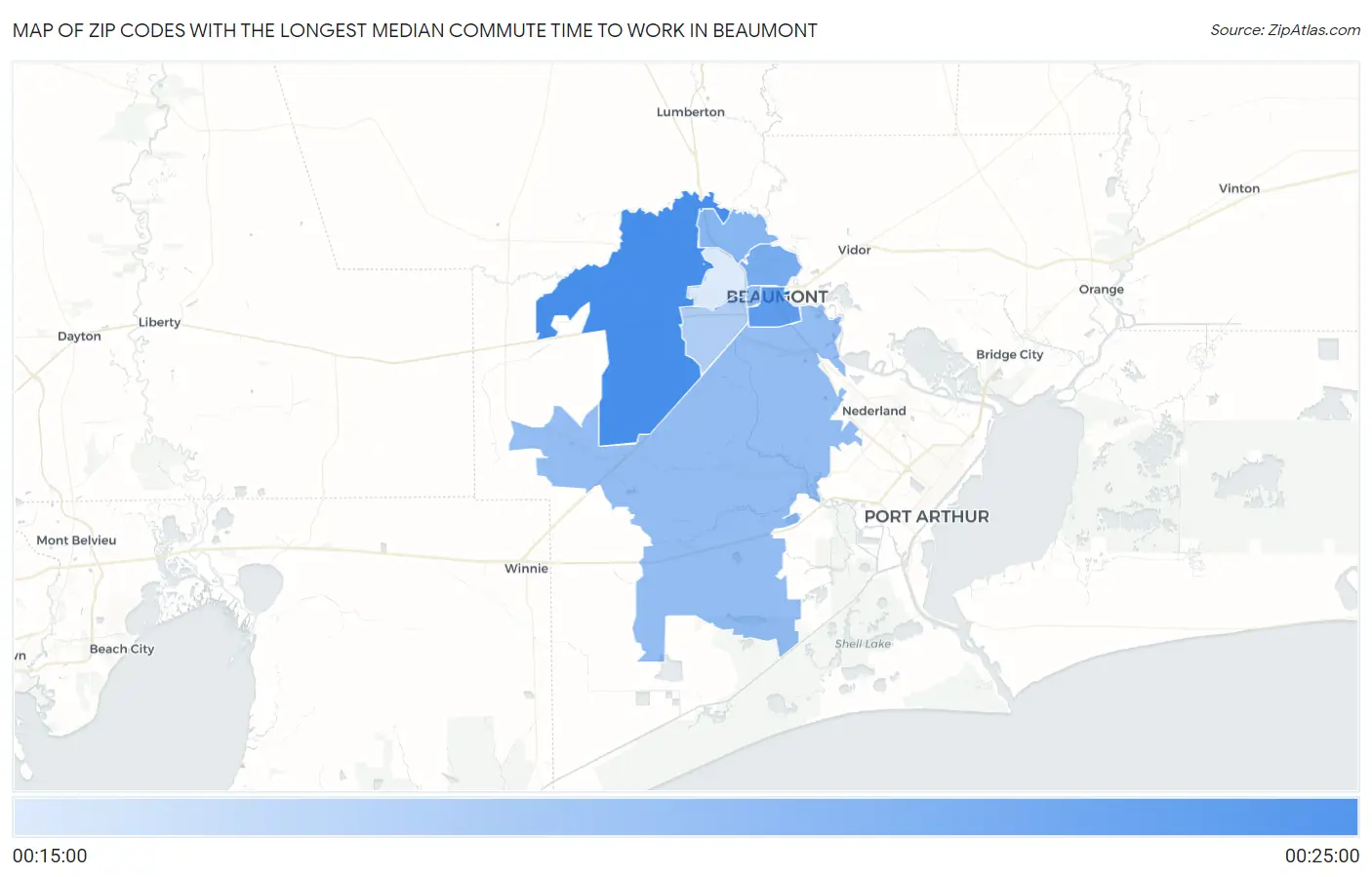 Zip Codes with the Longest Median Commute Time to Work in Beaumont Map